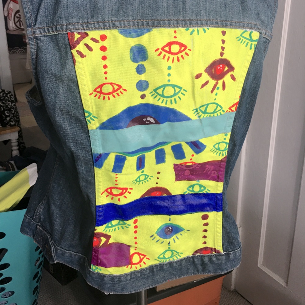 Custom hand painted evil eye abstract jean jacket